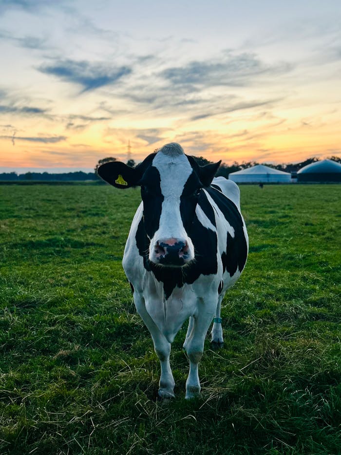 pexels-photo-29184440 Close-up of a black and white Holstein cow in a green pasture during sunset, Germany.